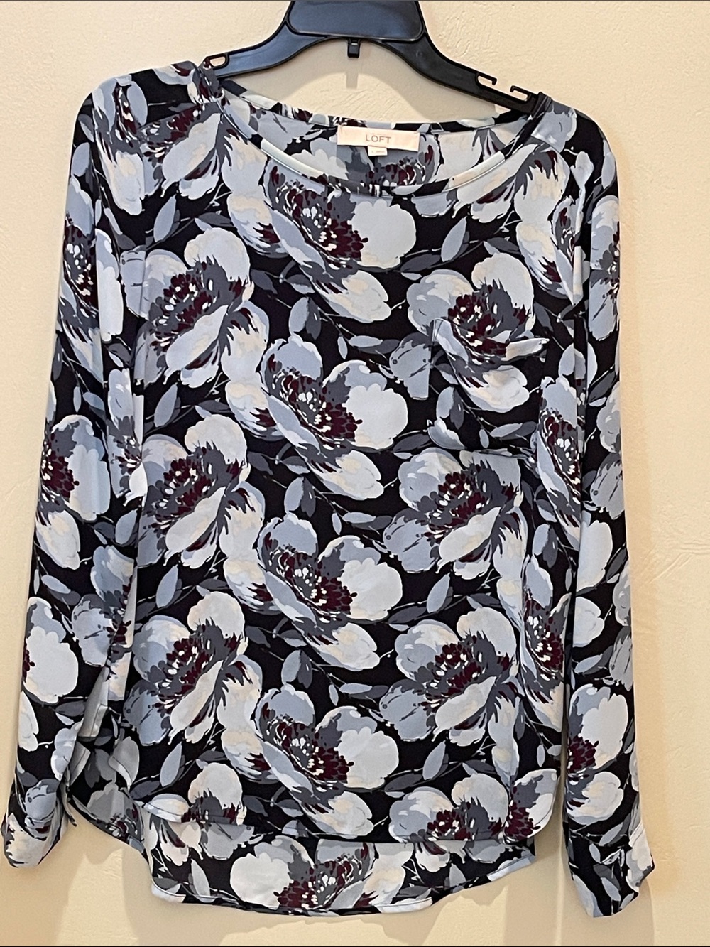 LOFT Navy and Light Blue Floral Long-Sleeve Blouse
